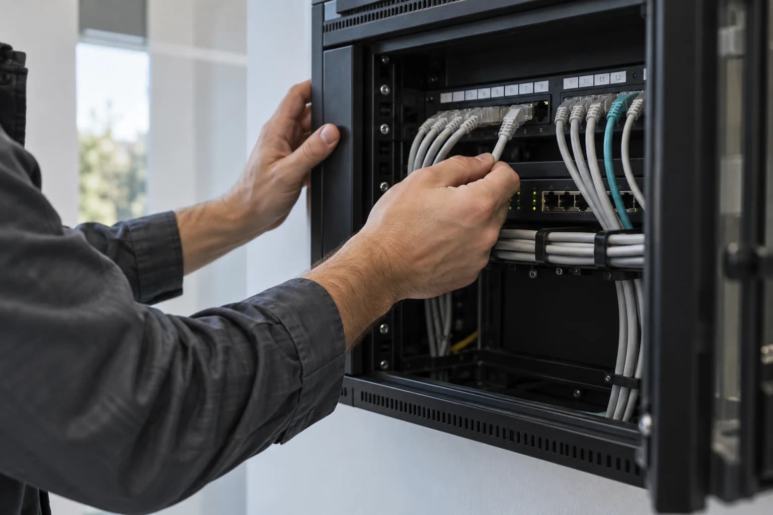 A field engineer checking the connections in an installed network cabinet.