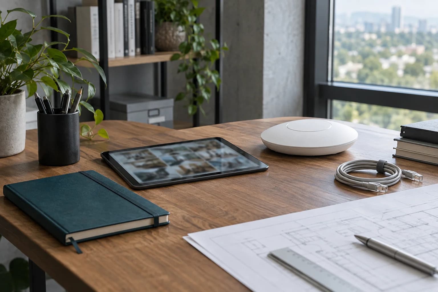 An organized installation desk with a closed notebook, a tablet showing indistinct site photos and a Wi-Fi access point.