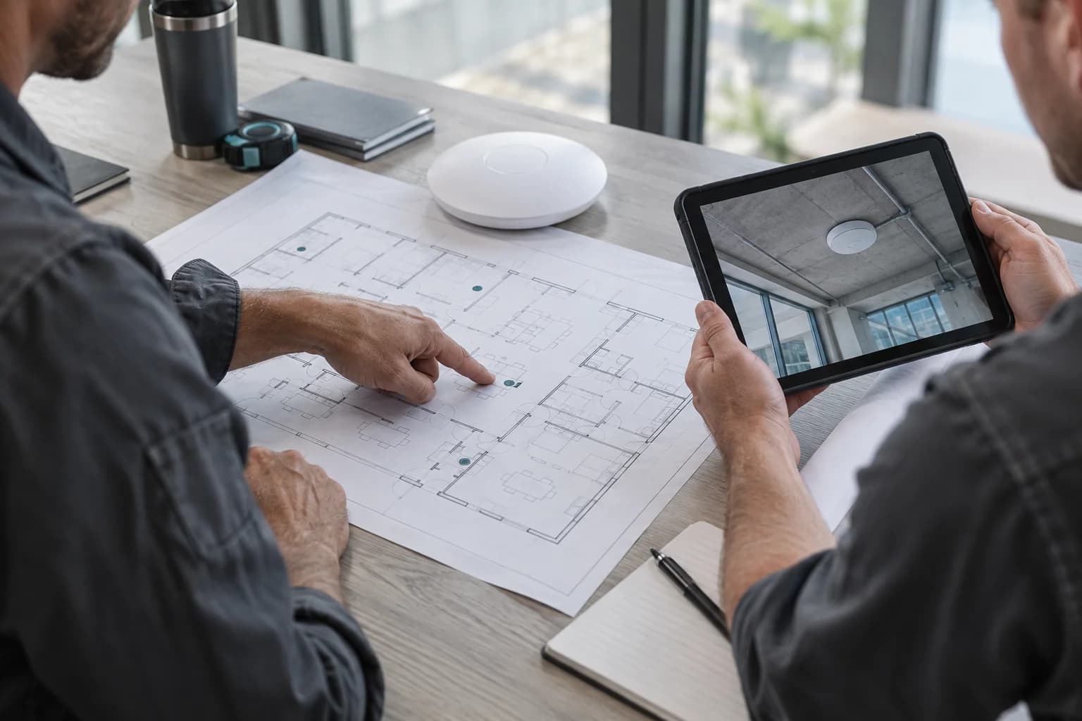 Installation professionals discuss a floor plan and review site evidence on a tablet.