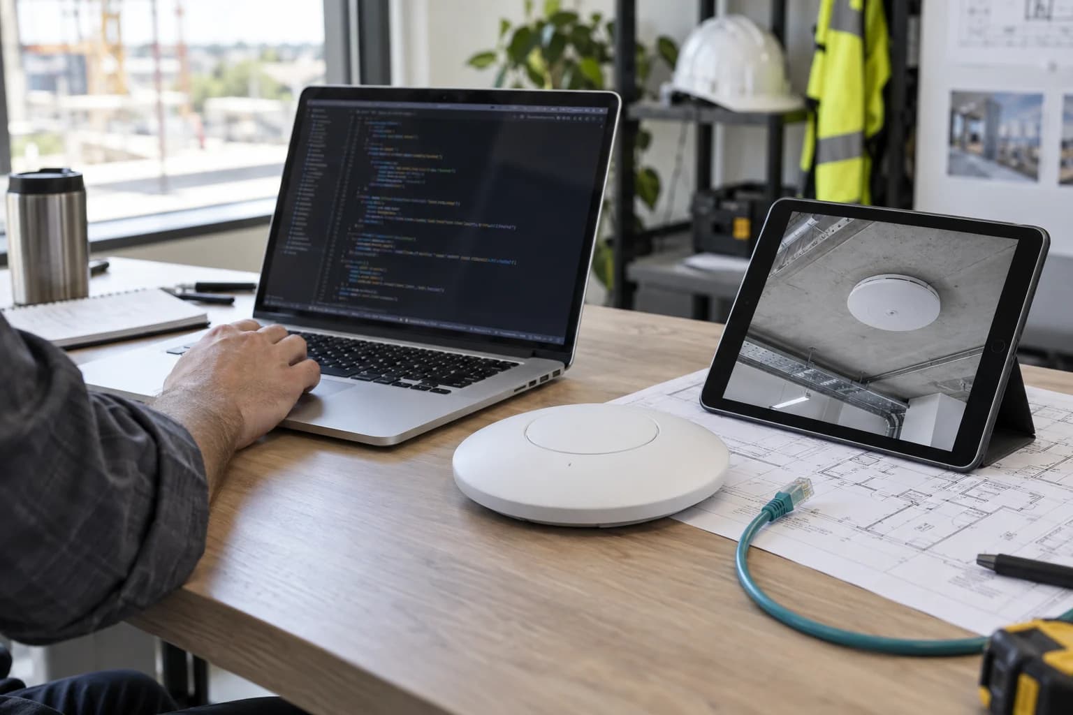 An engineer’s laptop beside installation evidence on a tablet and network equipment.